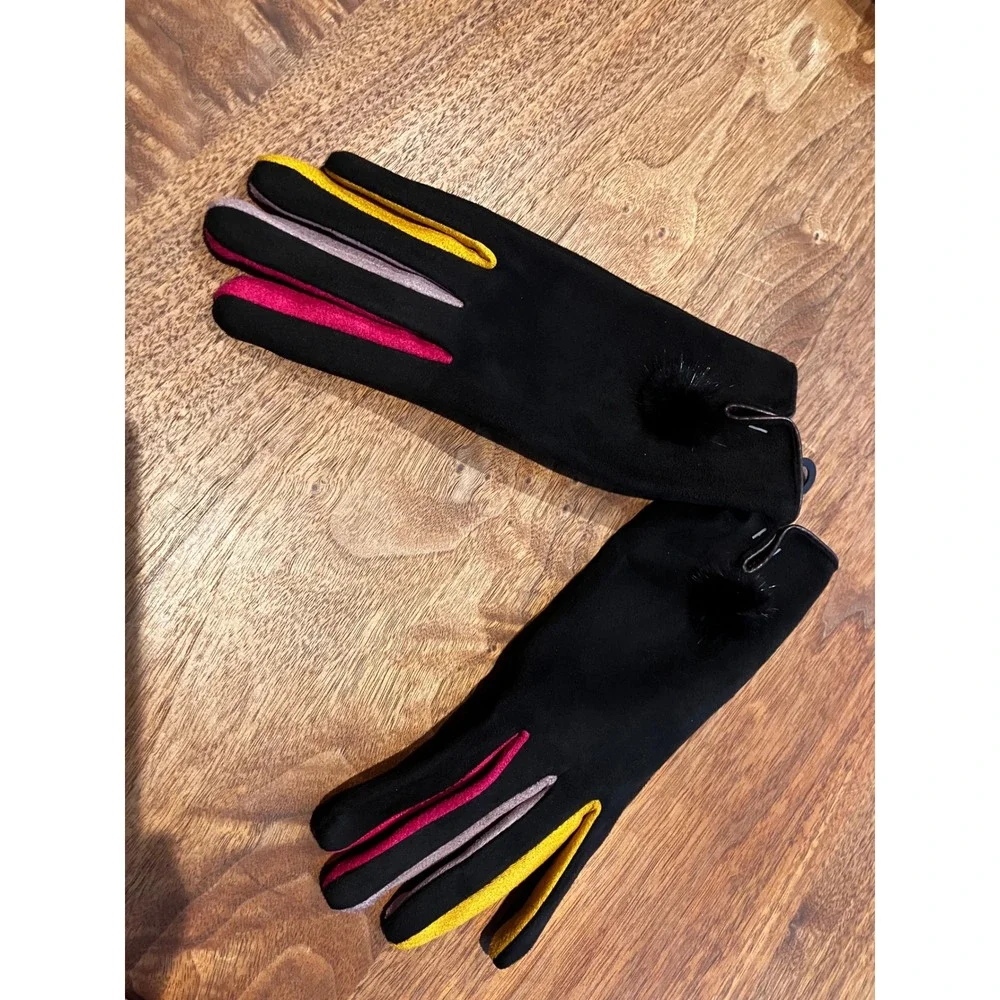 Womens Black Faux Suede Touchscreen Gloves Multi Color Finger Pom Pom Detail NEW